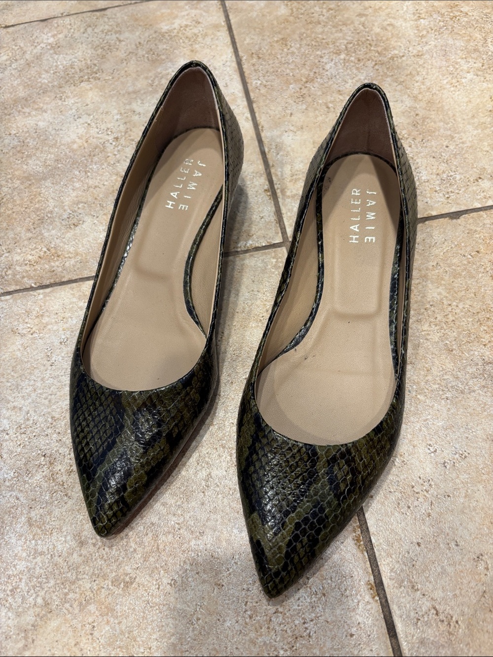 Jamie Haller Olive Snake-Print Pointed Toe Kitten Heels